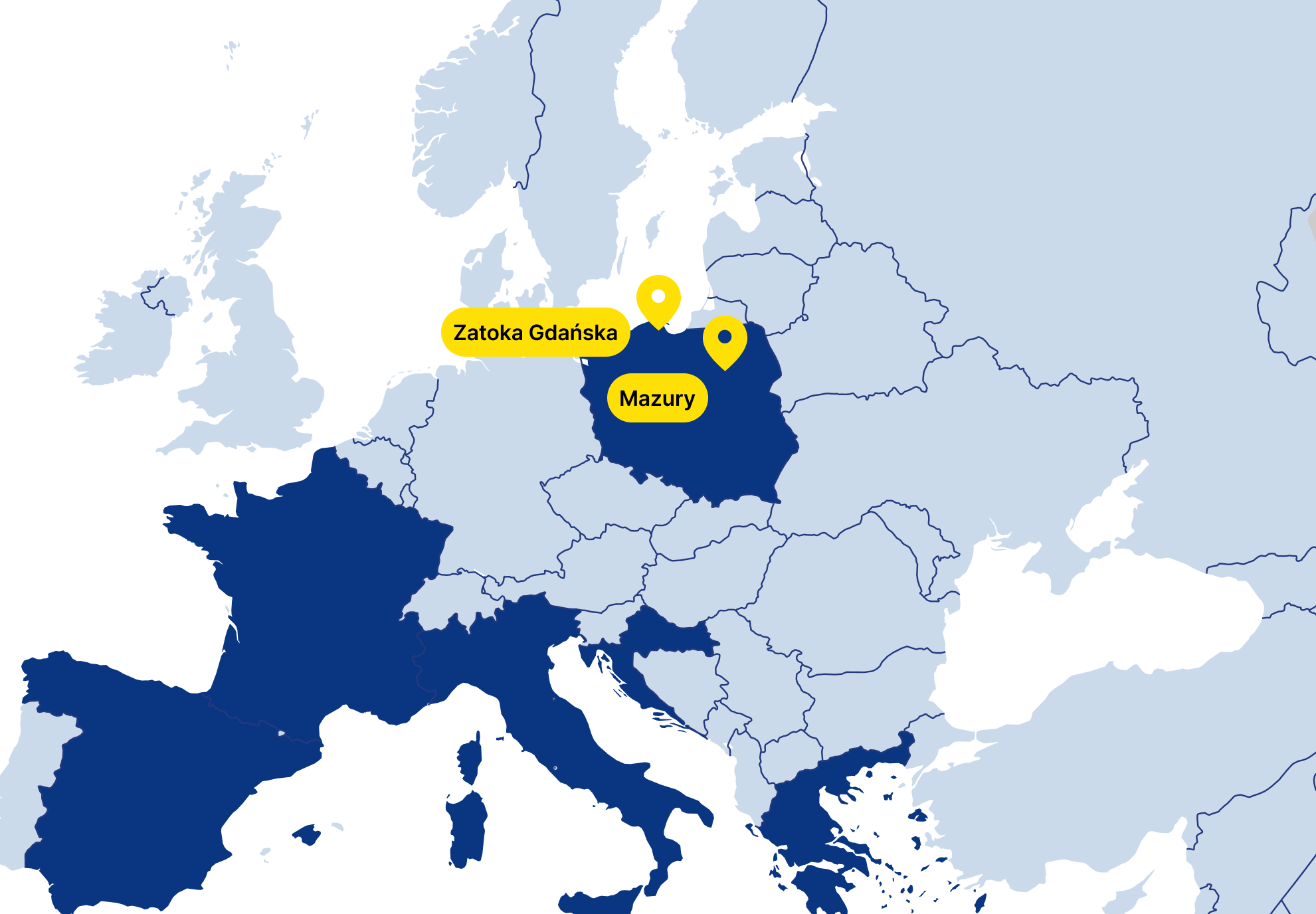 Map of Europe with pins indicating the Bay of Gdańsk and Masuria in Poland