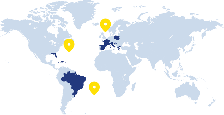 World map showing the company's global locations with yellow markers in North America, Europe, and Brazil
